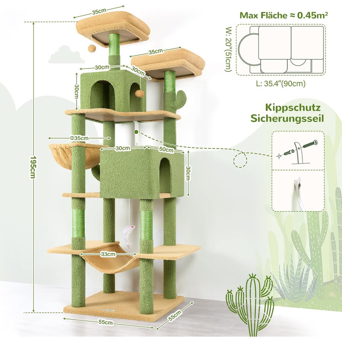 Драбина для котів Globlazer Kaktus XXL, 195 см: 2 будиночки, 2 стійки, гамак, кошик. Стабільна, для дорослих котів.