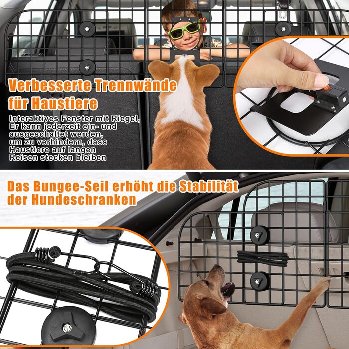 Сітка для собак у машину Denmay, універсальна, 30.7 x 93-150см, регульована ширина, з дверцею, 2 ремені безпеки, чорна