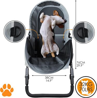 COOPER Складаний візок для собак до 32 кг | Регульована висота, кошик для покупок, Soft Touch ручки, світловідбиваючі елементи | Ідеальний для транспортування тварин – Сірий