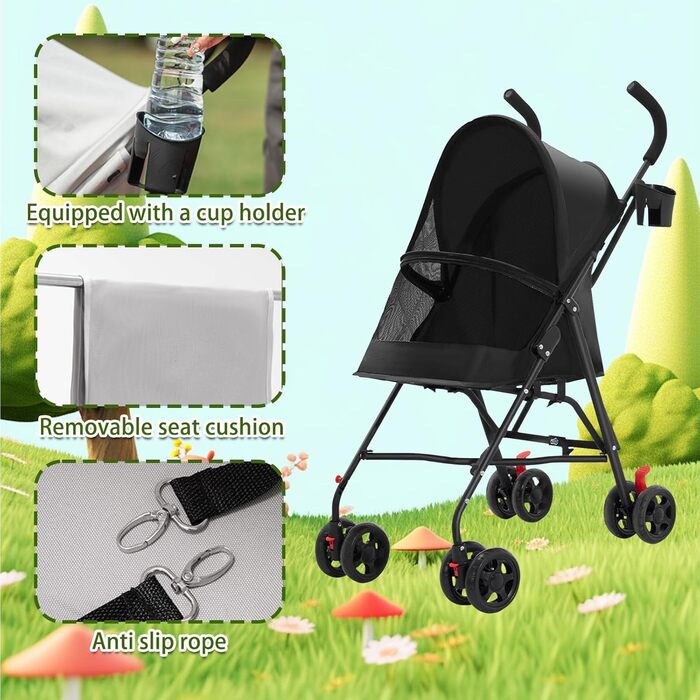 Візок для собак Homewell 2в1: візок-будка, сумка-переноска з підсклянниками, складна конструкція, гальмо та захист від дощу, візок-джерсі для домашніх тварин (чорний)