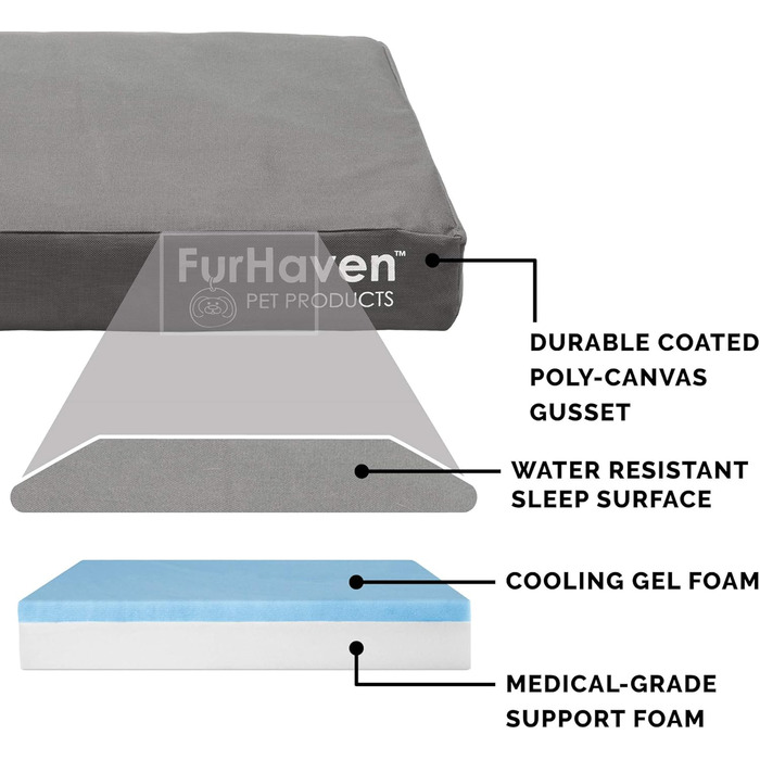 Гірчичне собаче ліжко Furhaven з охолоджуючим гелем, водовідштовхувальне, для собак середніх та великих порід (до 25 кг), знімний та пральний чохол, матеріал Oxford Polycanvas, розмір L (91 x 69 x 8 см)