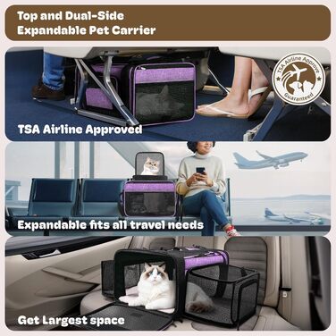 Розширювана сумка-переноска для котів та малих собак (L 46x34x24 см), TSA Airline Approved, м'яка сумка з самоблокуючими замками для цуценят, кроликів та морських свинок, Фіолетова