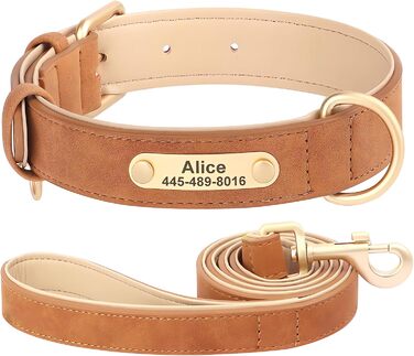 Нашийник та поводок для собак, шкіряні, персоналізовані, м'яко стьовані, міцні, з індивідуальною табличкою, регульовані (M, верблюжий, комплект M: обхват шиї 28-37 см, ширина 2 см)