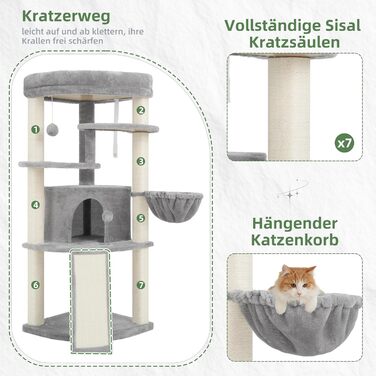 Комплекс для котів Gitelsnour Eck-Kratzbaum: Дряпка-кігтеточка для котів з сизалю, будиночок, полиці, кошик, 112 см, світло-сірий