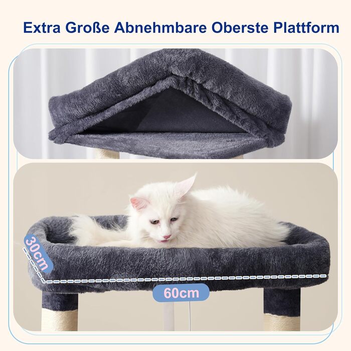 Великий котячий будиночок-когтеточка 174 см, сірий, з гамаком, 2 лежаками, 2 будиночками, 15 когтеточками, GCT033G