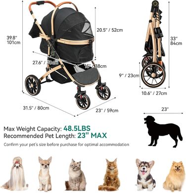Візок для собак YITAHOME 3 в 1: візок, переноска, прогулянковий візок. До 22 кг, складний, для маленьких собак та котів (чорний)