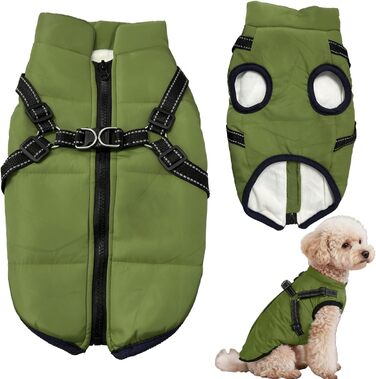 Водонепроникний собачий плащ з шлейкою, зимова тепла флісова куртка для середніх та великих собак, світловідбиваючий вітрозахисний собачий костюм (армійсько-зелений) – M