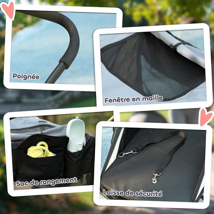 Візок для собак PawHut 3-колісний, сірий, складний, до 40 кг, з подушкою та безпековою лійною