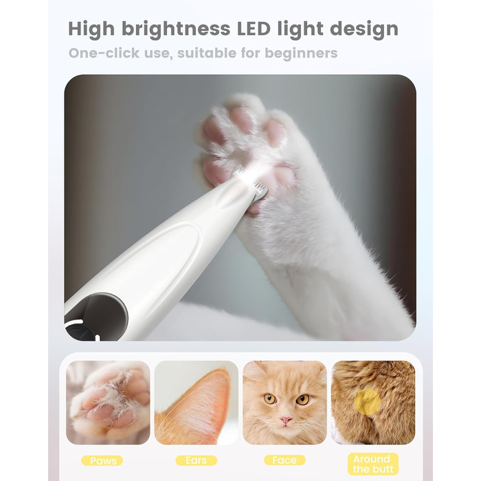 PAPMINI Безшумна машинка для стрижки котів з LED-дисплеєм, Type-C, акумулятор, бездротова когтерезка для котів, професійна машинка для стрижки лап, вух, обличчя, спини (біла)