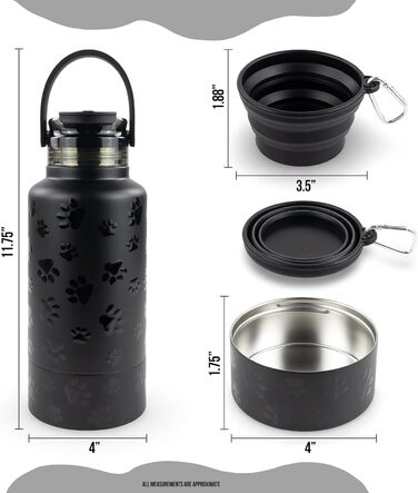 Водяна пляшка для собак Hogg Hydro Hound: портативна миска, ізотермічна, з нержавіючої сталі, чорний дизайн з відбитками лап