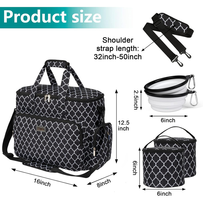 Сумка для подорожей з домашніми тваринами Baglher, велика чорна (Large, DLblack) з двома контейнерами для корму та двома силіконовими мисками