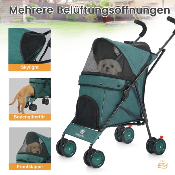 Візок для собак Regenschirm Hundebuggy для маленьких собак 10-9 кг, складний, легкий (4,1 кг), з подвійним ременем на плечі, кошиком для зберігання, тримачем для напоїв, темно-зелений