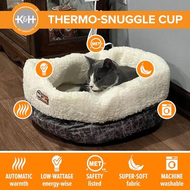 Обігріте термоліжко для котів K&H PET PRODUCTS, кругле велике сіре ліжко для котів та маленьких собак, для дому, 35,6x45,7 см