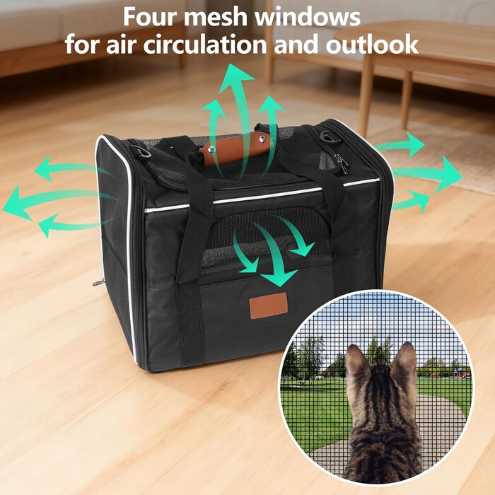 Транспортна сумка для кота, переноска для кота, складана переноска для кота в літаку, переноска для тварин з мискою та флісовим килимком, переноска для котів та маленьких собак до 10 кг (Чорна)