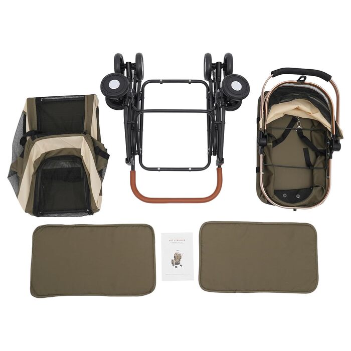 3 в 1 візок для собак до 35 кг – розбірний двоярусний візок, легкий та складаний, дихаючий, з колесами на 360°, ідеальний для 2 собак або котів (темно-зелений)