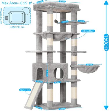 Багатоярусний котячий будиночок Hey-brother Kratzbaum з лежаком, гамаком та котячим будиночком, 145 см, сірий EMPJ057W