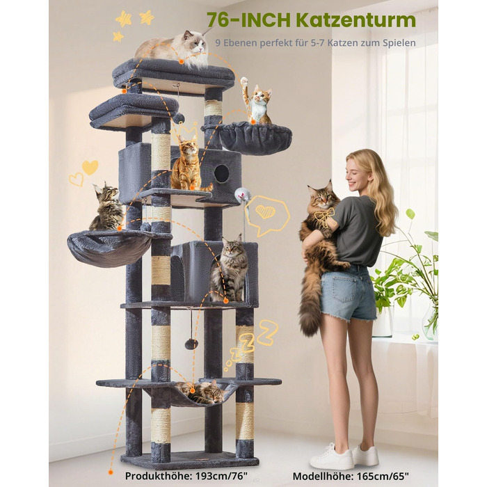 Комплекс для котів Taoqimiao XXL (193 см): Дряпка-стовпчик з будиночками, платформами, гамаком та кошиком, димчасто-сірий/темно-сірий