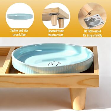 Миска для котів плоска керамічна з дерев'яною підставкою, піднята станція для годування з 2 керамічними мисками, миска для котів, діаметр миски 16 см для їжі та води, рожева & блакитна, блакитно-рожева