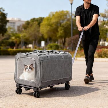 Транспортна переноска для собак та котів з колесами, складана переноска для котів, переноска для собак з сітчастими вентиляційними вікнами, переноска-мішок для тварин з двома відділеннями (сіра)