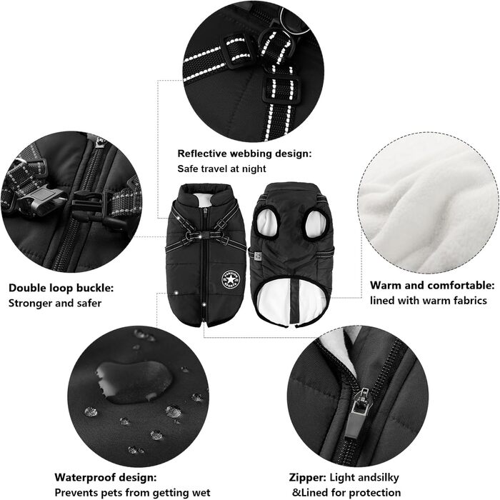 Зимова куртка для собак Aiboria: вітронепроникна, водонепроникна, 2-в-1, тепла, чорна, 4XL