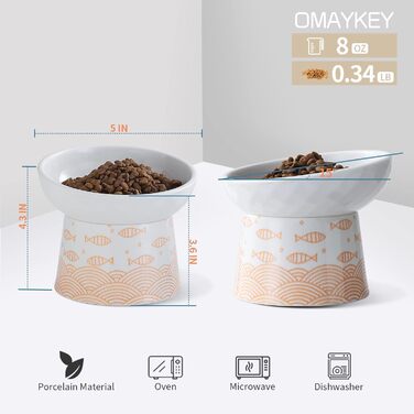 OMAYKEY Підняті миски для котів, набір 2 шт, порцеляна, 237 мл, чорний/помаранчевий, під кутом, для мікрохвильової печі та посудомийки