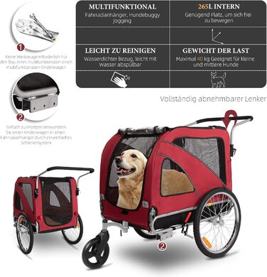 XL велосипедно-біговий перевізник для собак 2-в-1 з гальмом та світловідбивачами, 600D Oxford, до 40 кг (Червоний)