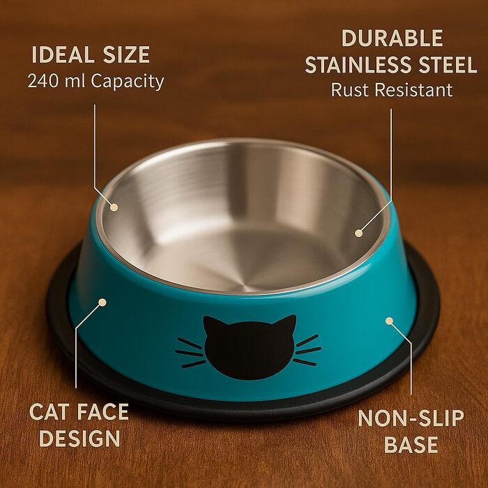 PAWPOURRI Миски для котів з нержавіючої сталі, протиковзкі, 2 шт. (230 мл, синій та червоний)