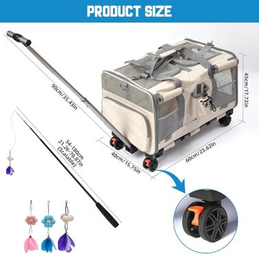 Переноска для котів велика, для 2 котів, складна, на колесах, знімні відділи, з іграшкою-пір'ям та ремінком, бежева