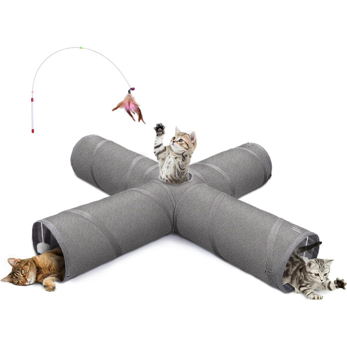 Ownpets тунель для котів, 4-ходовий складаний тунель для домашніх котів, інтерактивний з віконцем, з іграшкою на паличці