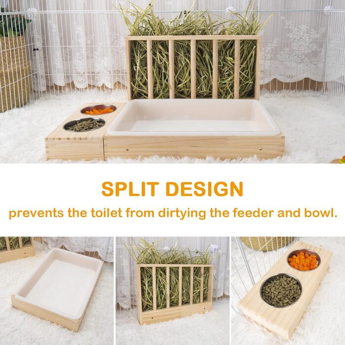 Диспенсер для сіна BESNEW 3-в-1 з туалетом для котів, годівниця для кроликів, морських свинок, шиншил, з 2 мисками, великий базовий