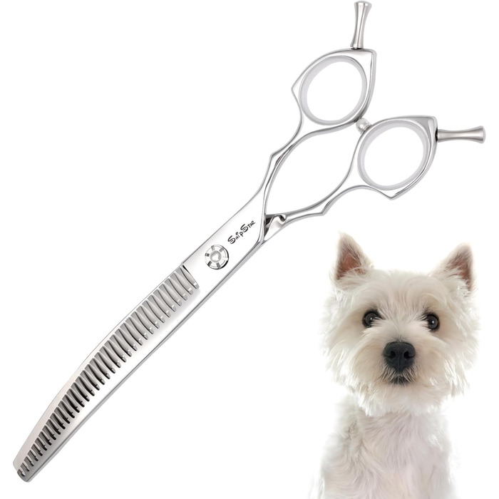 Професійна вигнута ножиця для грумінгу домашніх тварин 7.5 дюймів (25 градусів) з 35 зубцями, коефіцієнт розрідження 65%, високоякісна грумерська ножиця
