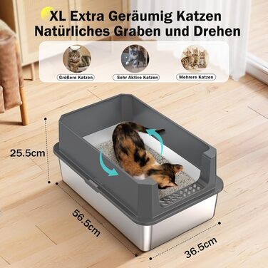 Сталевий лоток для котів MIXJOY XL, великий туалет для котів із нержавіючої сталі 28 л з високими бортами та сопком, темно-сірий (56.5x36.5x25.5 см)