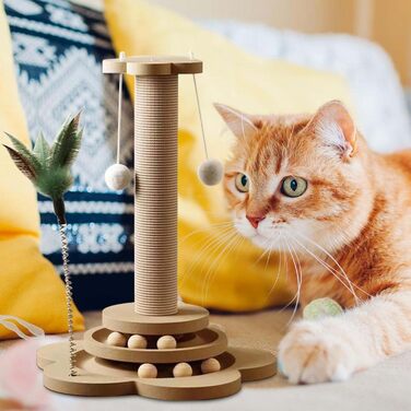 GOMETY Іграшка для котів 4-в-1 з дерева: ролики, обертовий диск, дряпка з сизалю, м'ячики з котячою м'ятою, 40 см