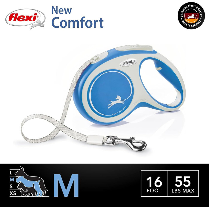 Рулетка-повідок FLEXI для середніх собак до 25 кг, 4,8 м, синя, з антиплутанням, система гальмування, німецька якість