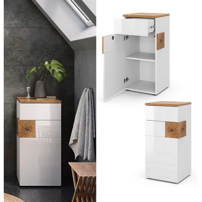 Шафа для ванної Vicco Eden, середня, 40x84 см, біла, декор під дуб (Artisan-Eiche)