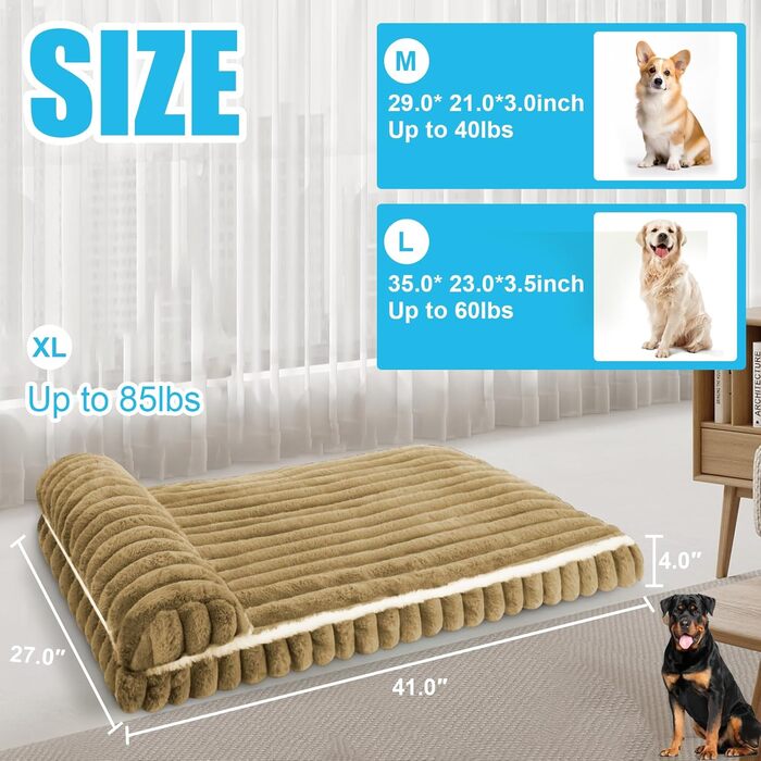 Комфортне ліжко для собак великих порід, знімний та пральний чохол, плюшеве ліжко Deluxe для клітки, неслизька підстилка для тварин, матрац для собачої будки (X-Large, Коричневий)