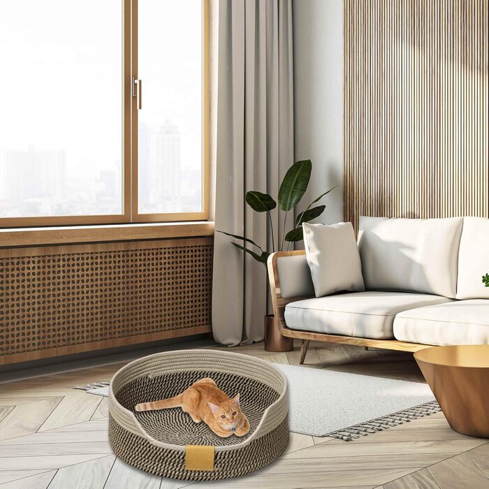 Квіткове ліжко для кота, 50 см, плетений кошик-гніздечко, дихаюче ліжко для тварин, міцне, стійке до подряпин, сірий, чорно-хакі (M)