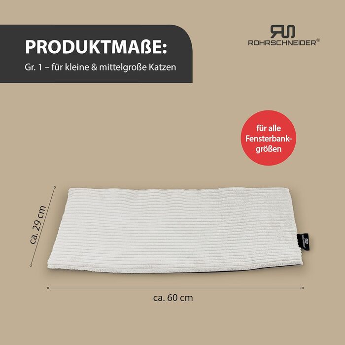 Килимок-ліжко для котів Rohrschneider з підігрівом, з антиковзною підкладкою, з тканини корд, 90 x 29 см (бежевий)