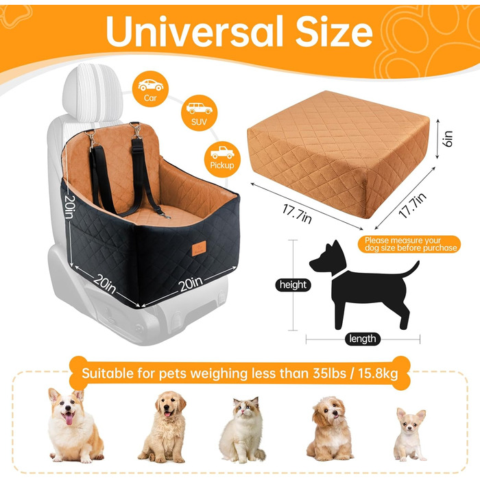 Автокрісло для собак маленьких та середніх порід, Memory Foam, до 15,9 кг, знімний чохол, кишені, 2 шт.