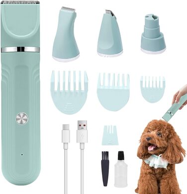 Електрична машинка для грумінгу собак та котів 4-в-1, набір для догляду за шерстю, зелена