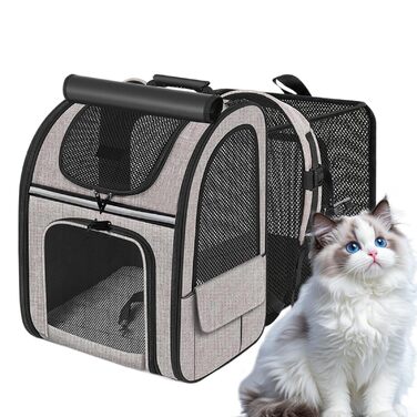 Транспортна сумка для котів, рюкзак для собак, переноска для тварин, дихаюча, розширювана, складна, для подорожей, прогулянок, сірого кольору (з чорною основою)