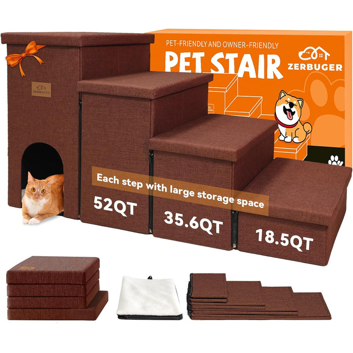 Сходинки для собак 4-х ступеневі, 58,4 см висота, для високих ліжок, вікон, складаються, коричневі, для маленьких, середніх та великих собак