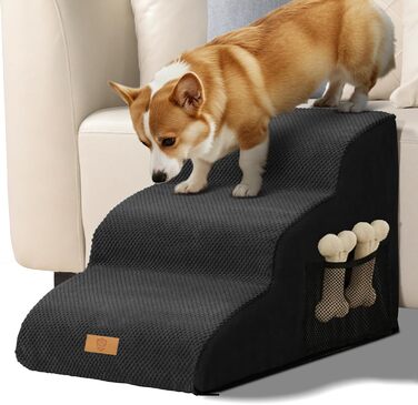 Сходинка для собак Eukue 3 сходинки, для маленьких собак та котів, портативна рампочка для ліжка та дивану, з високощільним шаром піни та чохлом, чорного кольору