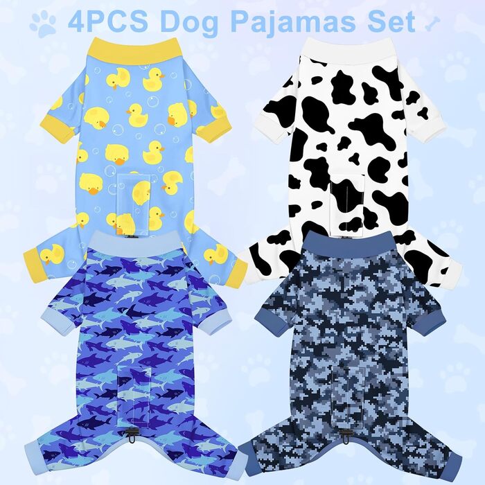 Піжама для собак Bienbee, комплект з 4 шт., розмір 3XL. М'яка, дихаюча, зручна, для цуценят та дорослих собак, великий вибір принтів (гусак, корова, блакитні акули, камуфляж)