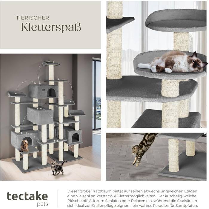 Дерево для котів Tectake® велике, з аксесуарами, XXL, 4 будиночки, ігровий комплекс, стовпчик для дряпання з сизалю, сірий | 403920