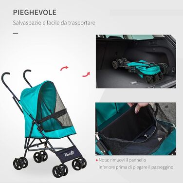 Візок для собак PawHut, зелений, складаний, з поворотними колесами та гальмом EVA, 65x42x94 см