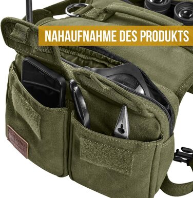 Шлейка для собак OneTigris з рюкзаком Hoppy Camper 3.0, зелена, для середніх та великих собак. Рюкзак для собак з 2 основними та 4 додатковими кишенями