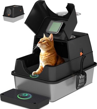 Лоток для котів Citylife Edelstahl з кришкою, XXL, закритий, з двошаровим килимком та совком, двостулковий, легко чиститься, з нейтралізацією запаху (Чорний)