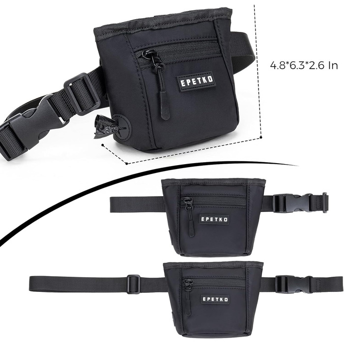 Сумка для ласощів для собак з металевим кліпом на ремінь, міцна застібка-магніт, велика місткість, диспенсер для пакетів для вигулу (чорний)