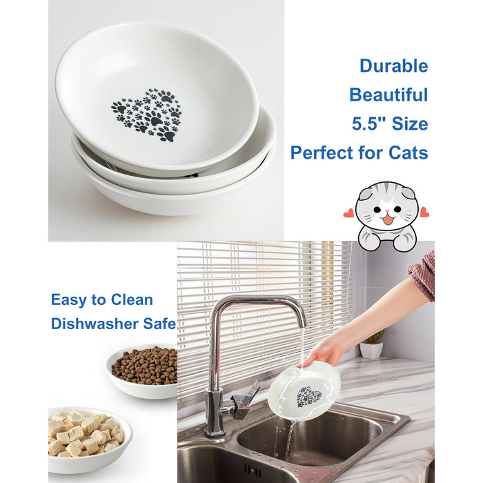 Керамічна миска для котів з віями, 14 см, широка годівниця для вологого корму, миска для котів з милим дизайном, зручна для котів з вусами, неслизька, біла, з сердечками та кігтиками, набір 6 штук